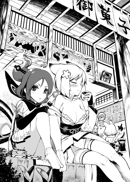 3girls, abe_no_seimei_(eiyuu_senki), animal_ears, axe, bare_back, blush, breasts, cup