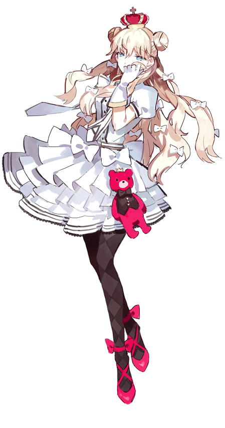 1girl, blonde_hair, blue_eyes, bow, checkered_clothes, checkered_legwear, crown, double_bun