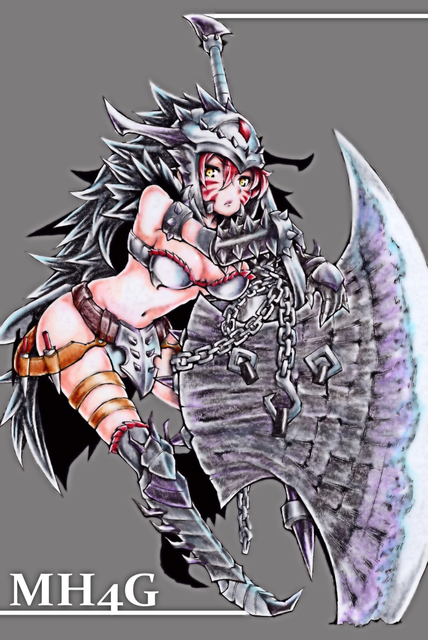 1girl, armor, breasts, capcom, chain, cleavage, dara_amadyura_(armor), female_focus, garyuu_ryuuga, helmet, highres, monster_hunter_(series), monster_hunter_4_ultimate, navel, solo, tagme, weapon, yellow_eyes