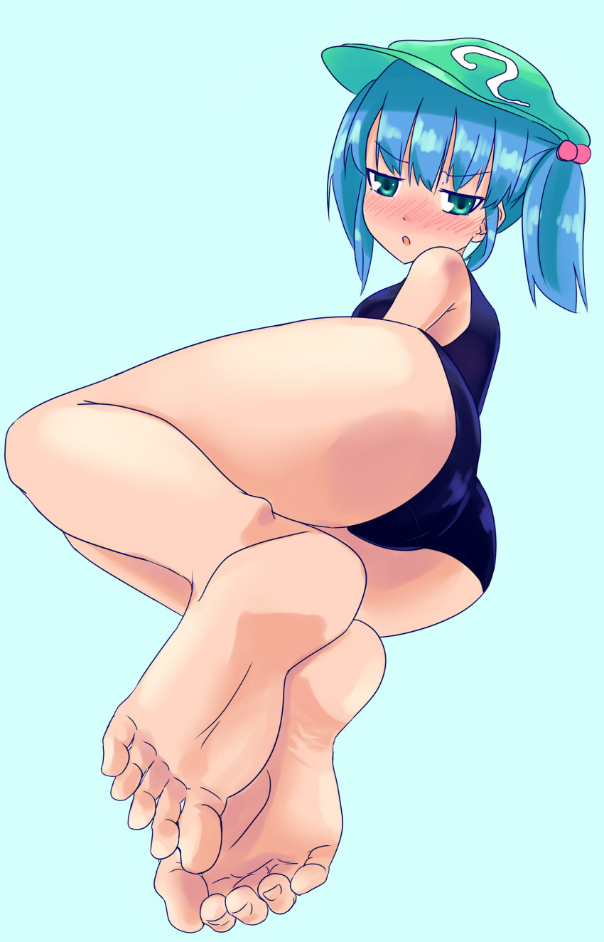 1girl, absurdres, arm_support, ass, bare_legs, bare_shoulders, barefoot, blue_eyes, blue_hair, blush, blush_stickers, breasts, newsboy_cap, embarrassed, feet, feet_together, female_focus, foot_focus, from_behind, hair_bobbles, hair_ornament, hat, highres, jitome, kawashiro_nitori, looking_back, lying, mashitono_desu, matching_hair/eyes, on_side, one-piece_swimsuit, open_mouth, school_swimsuit, short_hair, short_twintails, soles, solo, swimsuit, toes, touhou, twintails