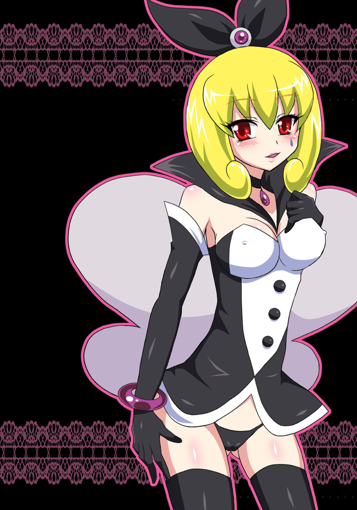 10s, 1girl, bad_id, bad_pixiv_id, black_background, black_gloves, black_panties, black_thighhighs, blonde_hair, blush, bracelet, breasts, choker, covered_erect_nipples, ebony-thunder, elbow_gloves, female_focus, gloves, happinesscharge_precure!, jewelry, medium_breasts, panties, popped_collar, precure, queen_mirage, red_eyes, short_hair, smile, solo, standing, thighhighs, underwear