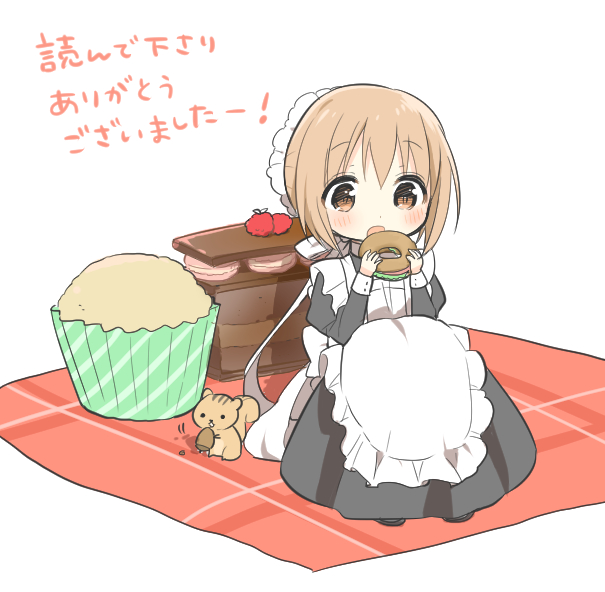 1girl, apron, bagel, brown_eyes, brown_hair, cake, comic, cupcake, eating, female_focus, food, kimijima_sara, maid, maid_apron, maid_headdress, monochrome, orenchi_no_maidosan, orenchi_no_meidosan, original, ouhara_lolong, oversized_object, solo, squirrel, translated, victorian_maid, white_background