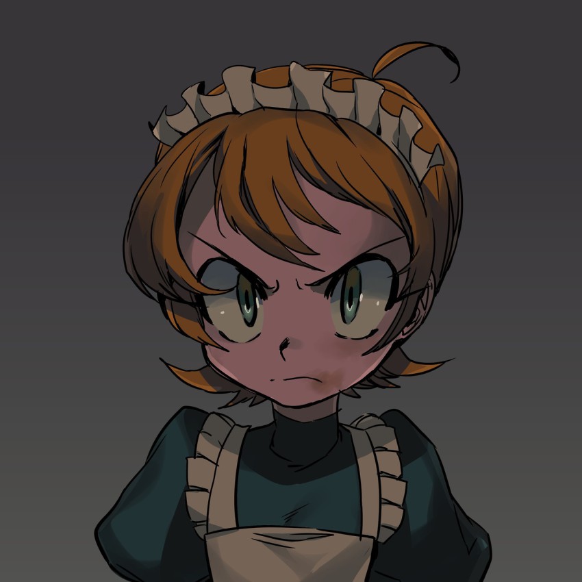 1girl, ahoge, alternate_costume, apron, blue_eyes, female_focus, frown, grey_background