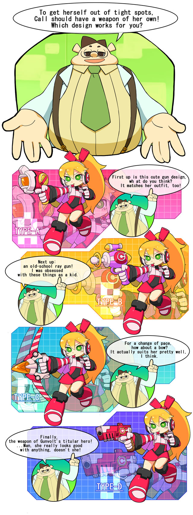 1boy, 1girl, :o, aiming, artist_request, azure_striker_gunvolt, azure_striker_gunvolt_1, blonde_hair, boots, bow_(weapon), brown_eyes, brown_hair, call_(mighty_no._9), call_f, commentary, dr._sanda, english_text, fat, fat_man, glasses, green_eyes, gun, handgun, highres, index_finger_raised, long_hair, long_sleeves, mighty_no._9, necktie, official_art, open_mouth, parted_lips, pistol, ponytail, shirt, smile, souichirou_sanda, speech_bubble, suspenders, sweater_vest, talking, weapon, white_shirt, zoom_layer
