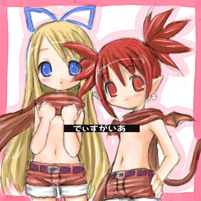 2girls, bar_censor, censored, censored_nipples, copyright_name, cosplay, demon_girl, disgaea
