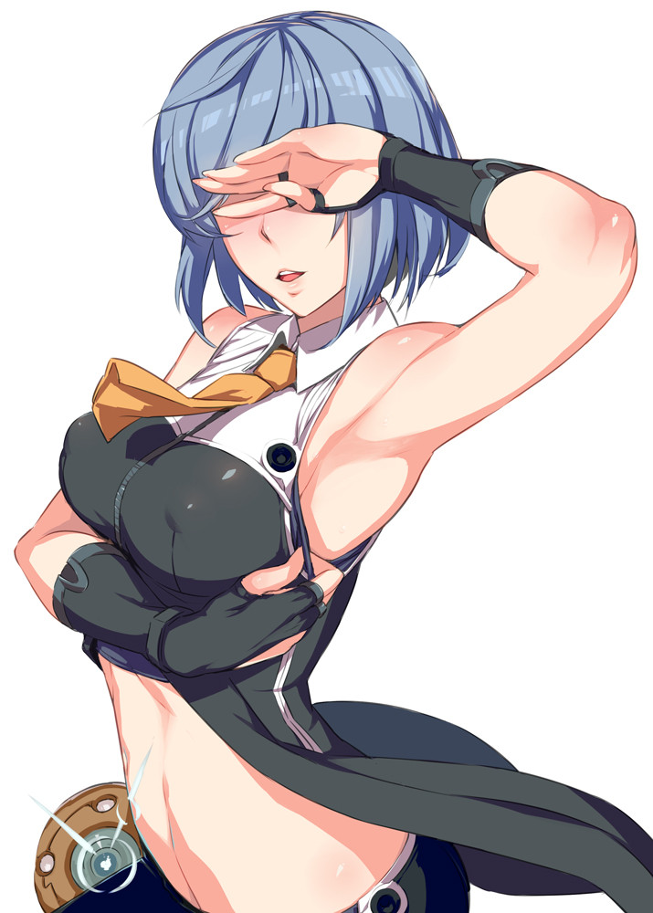 1girl, armpits, bare_shoulders, blue_hair, bra, bra_pull, breasts, clothes_lift, clothes_pull, covered_erect_nipples, covering_own_eyes, female_focus, fingerless_gloves, gloves, groin, kurowa, lips, marguerite_(unlight), midriff, navel, necktie, parted_lips, presenting_armpit, puffy_nipples, robot, shirt_lift, short_hair, sideboob, solo, underwear, unlight