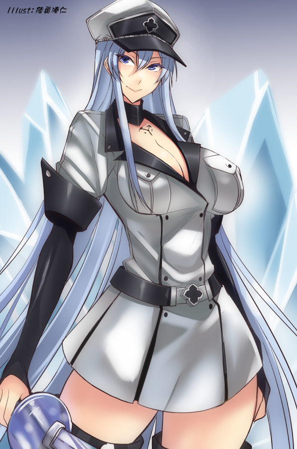 10s, 1girl, akame_ga_kill!, blue_eyes, blue_hair, breasts, cleavage, cowboy_shot, esdeath, female_focus, hat, large_breasts, long_hair, matching_hair/eyes, military, military_uniform, mugenshiki, peaked_cap, smile, solo, thighhighs, very_long_hair, zettai_ryouiki