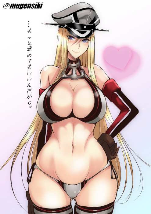 10s, 1girl, bismarck_(kancolle), blonde_hair, blue_eyes, blush, breasts, cleavage, cowboy_shot, female_focus, gloves, grey_thighhighs, hat, heart, kantai_collection, large_breasts, long_hair, looking_at_viewer, military, military_hat, mugenshiki, navel, panties, peaked_cap, signature, solo, thighhighs, translated, underwear, wide_hips