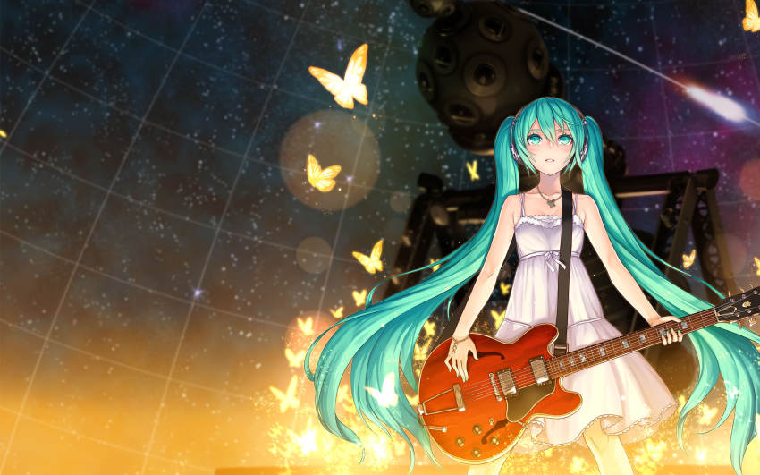 1girl, aqua_eyes, aqua_hair, battery, bracelet, bug, butterfly, dress, electric_guitar, female_focus, flat_chest, gibson_es-335, guitar, hatsune_miku, headphones, highres, insect, instrument, jewelry, long_hair, nidy, sky, solo, star_(sky), star_(symbol), starry_sky, twintails, very_long_hair, vocaloid