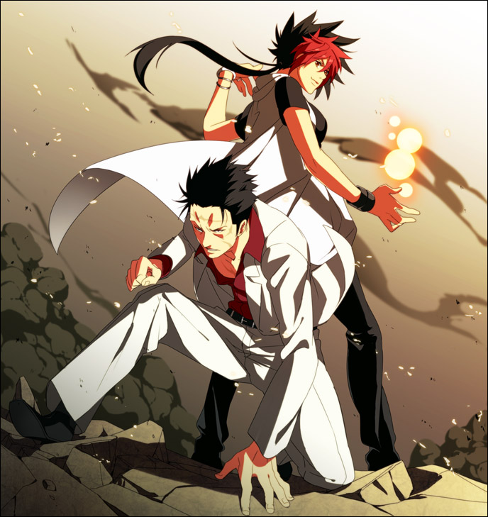 1boy, 1girl, bad_id, bad_pixiv_id, black_hair, hyoudou_kagetora, long_hair, multicolored_hair, natuichi-7212, psyren, red_hair, short_hair, two-tone_hair, yagumo_matsuri