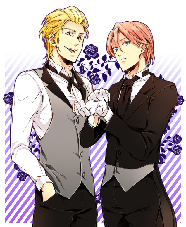 10s, 2boys, bad_id, bad_pixiv_id, blonde_hair, blue_eyes, expressionless, formal_clothes