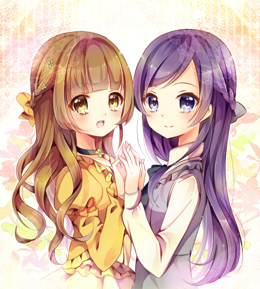 2girls, alternate_hairstyle, blue_dress, blue_eyes, blue_hair, blush, braid, brown_hair, choker, dokidoki!_precure, dress, eyelashes, hair_down, hair_ornament, hair_ribbon, holding_hands, haori_(ki-na-ri), happy, highres, hishikawa_rikka, long_hair, looking_at_viewer, multiple_girls, precure, ribbon, single_braid, smile, standing, yellow_dress, yellow_eyes, yotsuba_alice