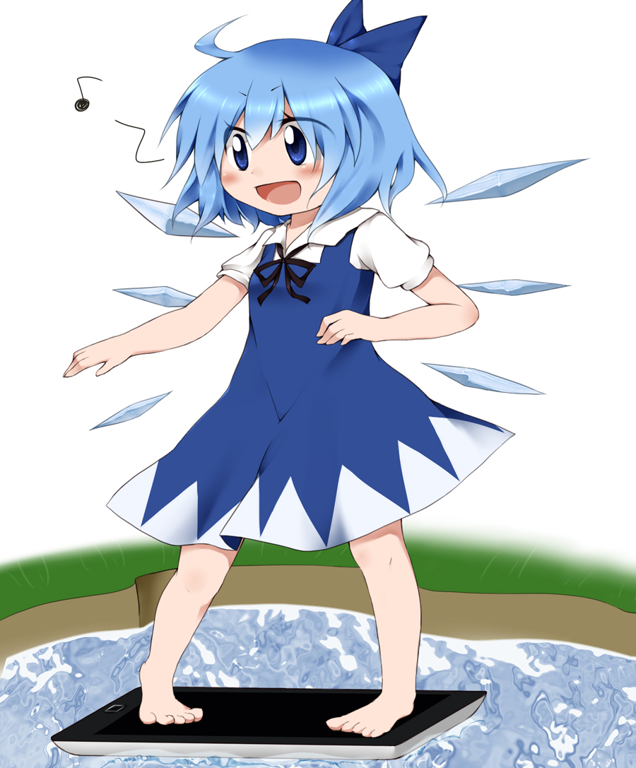 1girl, apple_(company), apple_inc., blue_eyes, blue_hair, bow, cirno, hair_bow