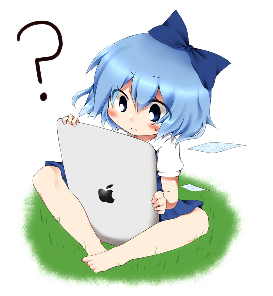 1girl, ?, apple_(company), apple_inc., blue_eyes, blue_hair, bow, cirno, artistic_error, grass, hair_bow, ipad, nanana_(chicken_union), short_hair, tablet_pc, touhou, wings