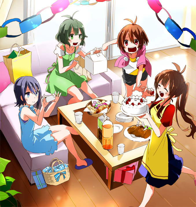 00s, 1boy, 3girls, :d, ^_^, akizuki_ryo, antenna_hair, bad_id, bad_pixiv_id, birthday, birthday_cake, blush, box, brown_eyes, brown_hair, cake, closed_eyes, embarrassed, food, gift, gift_box, hidaka_ai, hidaka_mai, idolmaster, idolmaster_dearly_stars, mizutani_eri, multiple_girls, open_mouth, sakano_anri, short_hair, smile, taking_picture, trap, wavy_mouth