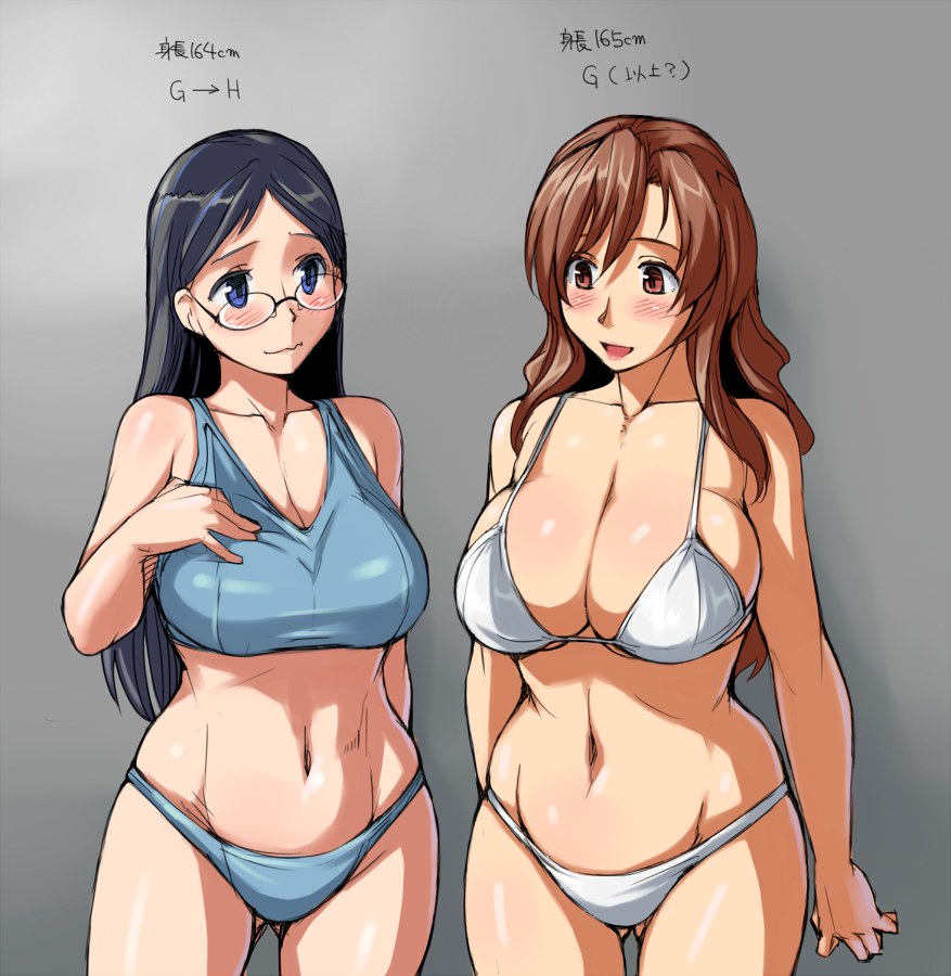00s, 10s, 2girls, black_hair, blue_eyes, blush, bra, bra_size, breast_conscious, breasts, brown_eyes, brown_hair, cleavage, crossover, curvy, glasses, groin, interlude, large_breasts, long_hair, marufuji_izumi, measurements, multiple_girls, navel, panties, revision, saitou_kaede_(yama_no_susume), translation_request, tsuda_nanafushi, underwear, underwear_only, yama_no_susume