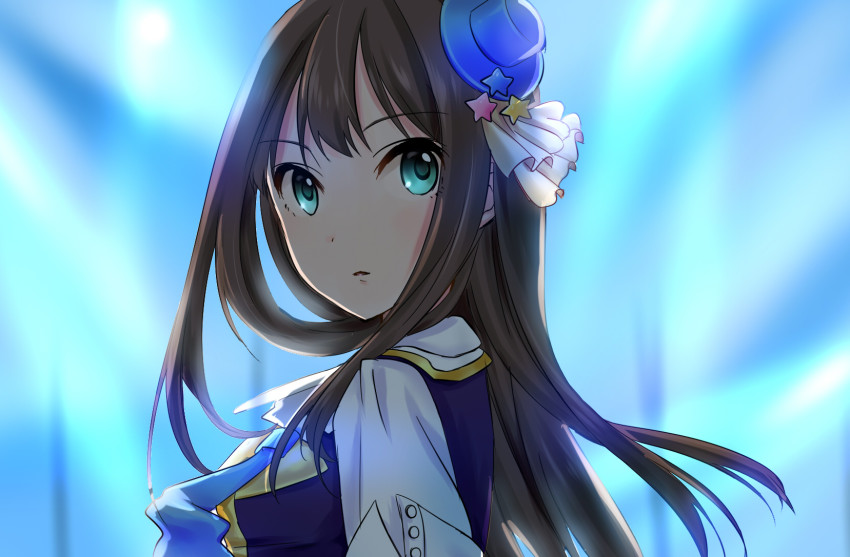 10s, 1girl, bad_id, bad_pixiv_id, blush, brown_hair, female_focus, green_eyes, hat, highres, idolmaster, idolmaster_cinderella_girls, long_hair, looking_at_viewer, looking_back, miyanonnon, shibuya_rin, solo