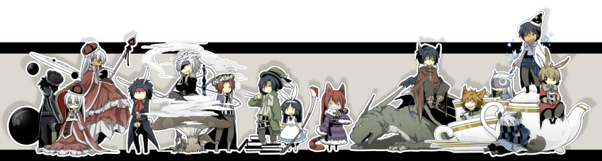 amagi_miroku, amamiya_sakurako, animal_ears, aoi_yusaka, art_brush, black_hair, brown_hair, rabbit_ears, caprico_(psyren), crown, cup, dark_skin, dholaki_(psyren), dragon, dual_persona, eyepatch, glasses, grana_(psyren), hat, highres, junas_(psyren), kirisaki_kabuto, kise_eiji, lama_(kusuriya), long_hair, mithra_(psyren), mochizuki_oboro, multiple_boys, multiple_girls, paintbrush, psyren, shiner_(psyren), short_hair, teapot, uranus_(psyren), yoshina_ageha