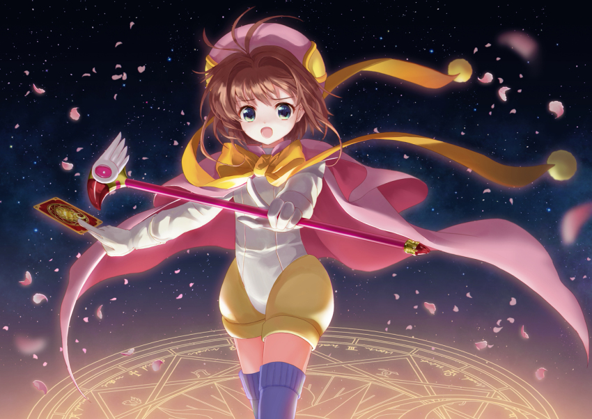 1990s_(style), 1girl, antenna_hair, blue_thighhighs, brown_hair, cape, card, cardcaptor_sakura