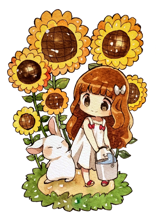 1girl, bow, brown_eyes, brown_hair, bucket, chibi, dress, female_focus