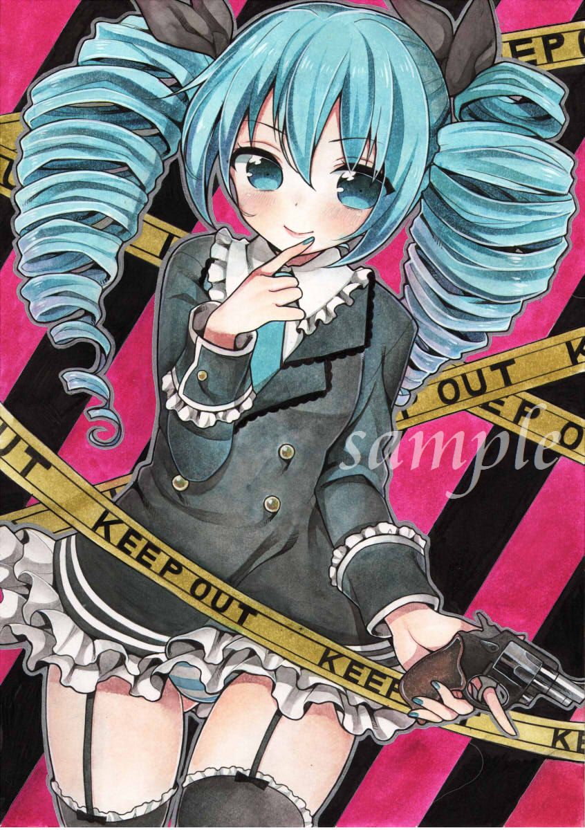 1girl, aqua_eyes, aqua_hair, caution_tape, color_ink_(medium), drill_hair, female_focus, garter_straps