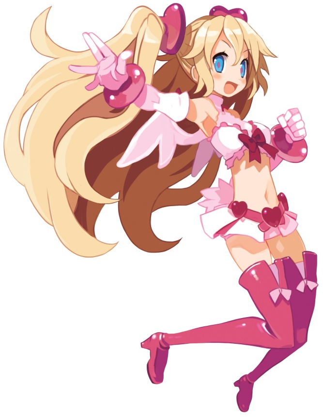 1girl, :d, blonde_hair, blue_eyes, blush, boots, bow, bracelet, crop_top, disgaea, disgaea_d2, elbow_gloves, female_focus, flonne, full_body, gloves, hair_ornament, halterneck, harada_takehito, heart, heart_hair_ornament, jewelry, jumping, long_hair, magical_girl, midriff, miniskirt, multicolored_eyes, navel, official_art, open_mouth, outstretched_arm, pink_boots, pink_bow, pink_eyes, pink_thighhighs, pure_flonne, skirt, smile, solo, thigh_boots, thighhighs, twintails, very_long_hair, white_background