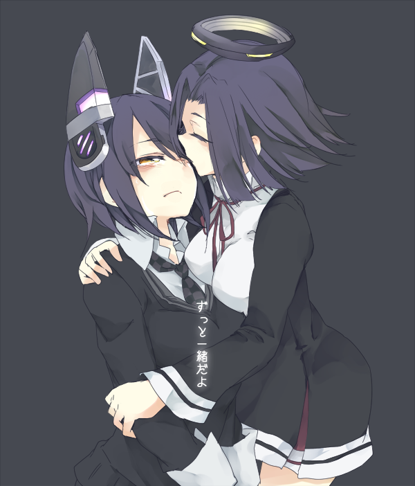 10s, 2girls, cardigan, closed_eyes, halo, hug, kantai_collection, multiple_girls, necktie, purple_hair, safai, short_hair, tatsuta_(kancolle), tenryuu_(kancolle), yellow_eyes, yuri