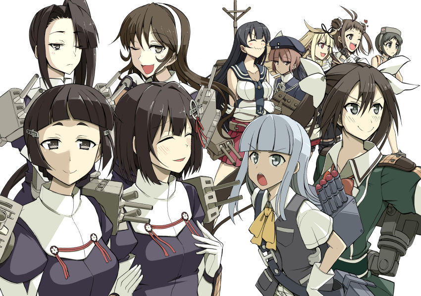 >:o, 10s, 6+girls, :o, ^_^, agano_(kancolle), ahoge, aqua_hair