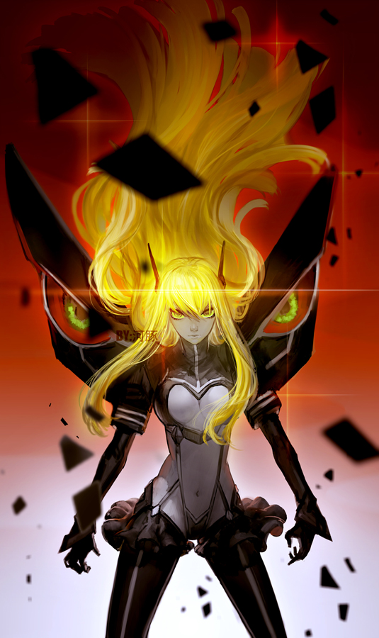 10s, 1girl, alternate_color, alternate_hair_color, black_kiryuuin_satsuki, blonde_hair, cleavage_cutout, clothing_cutout, colored_sclera, colored_skin, dark_persona, female_focus, junketsu, kill_la_kill, kiryuuin_satsuki, linghetuen, long_hair, navel, solo, spoilers, yellow_sclera