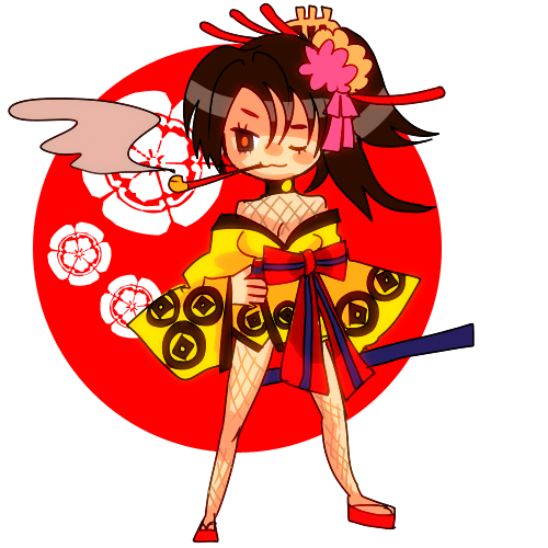 1girl, :3, black_hair, bodystocking, chibi, choker, eiyuu_senki, female_focus, fishnet_bodystocking, fishnets, ishikawa_goemon_(eiyuu_senki), japanese_clothes, kiseru, long_legs, lowres, one_eye_closed, ponytail, red_eyes, sannu, sheath, smoke, smoking_pipe, solo, symbol