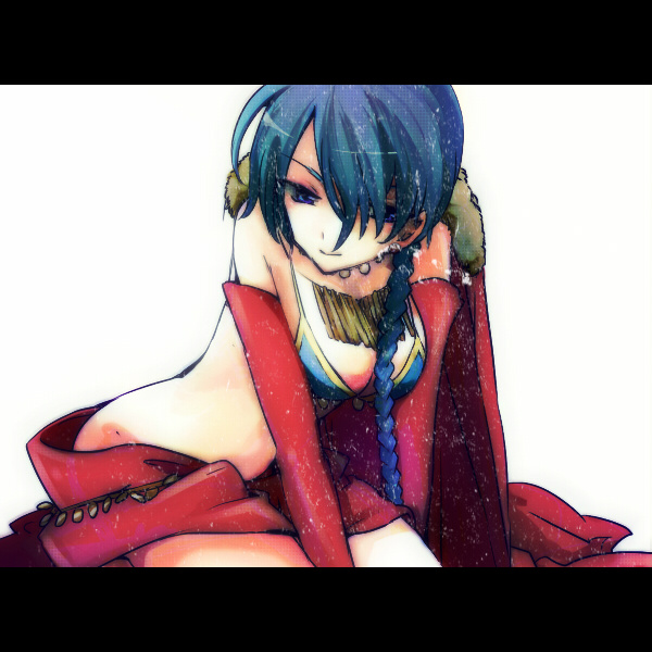 1girl, blue_eyes, blue_hair, braid, breasts, cape, censored, convenient_censoring, eiyuu_senki, female_focus, gloves, jewelry, kublai_khan_(eiyuu_senki), letterboxed, long_hair, looking_down, matching_hair/eyes, necklace, origami_(2375), sitting, solo