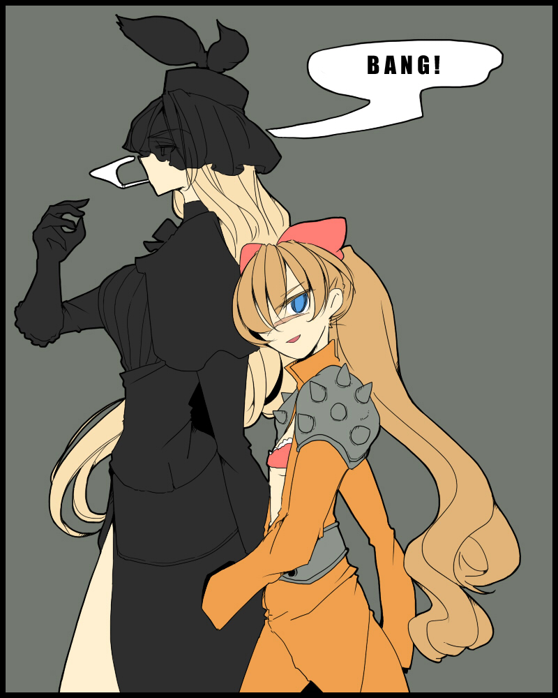 2girls, billy_the_kid_(eiyuu_senki), black_dress, black_gloves, blonde_hair, blue_eyes, border, bow