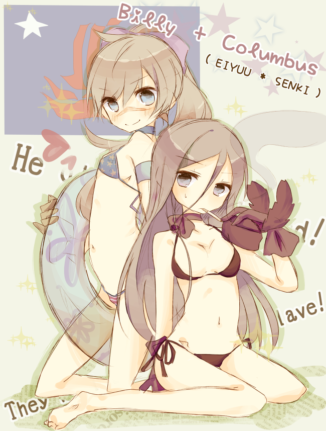 2girls, ahoge, american_flag, american_flag_bikini, american_flag_print, bad_id, bad_pixiv_id, bikini