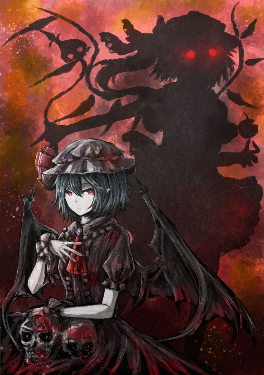 2girls, absurdres, apple, ascot, bat_wings, bitten_apple, blood, blood_on_clothes, creepy, dress, faux_traditional_media, flandre_scarlet, food, food_bite, fruit, glowing, glowing_eyes, highres, horror_(theme), laevatein, multiple_girls, ominous_shadow, puffy_short_sleeves, puffy_sleeves, red_eyes, remilia_scarlet, short_hair, short_sleeves, silhouette, skull, ten_(cherry61897), touhou, wings