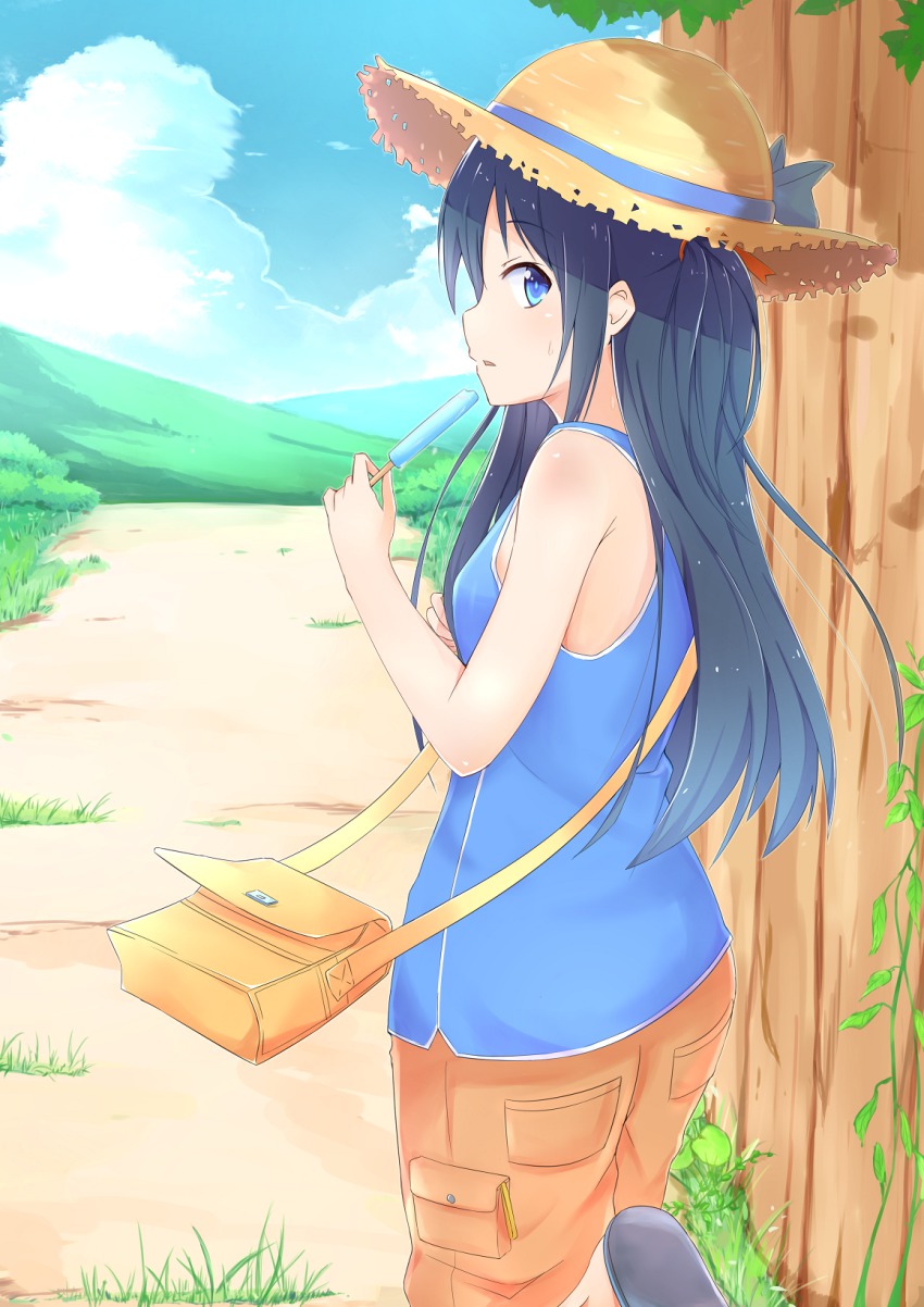 1girl, 53c_(ray_cordova), bag, blue_eyes, blue_hair, cloud, day, eating