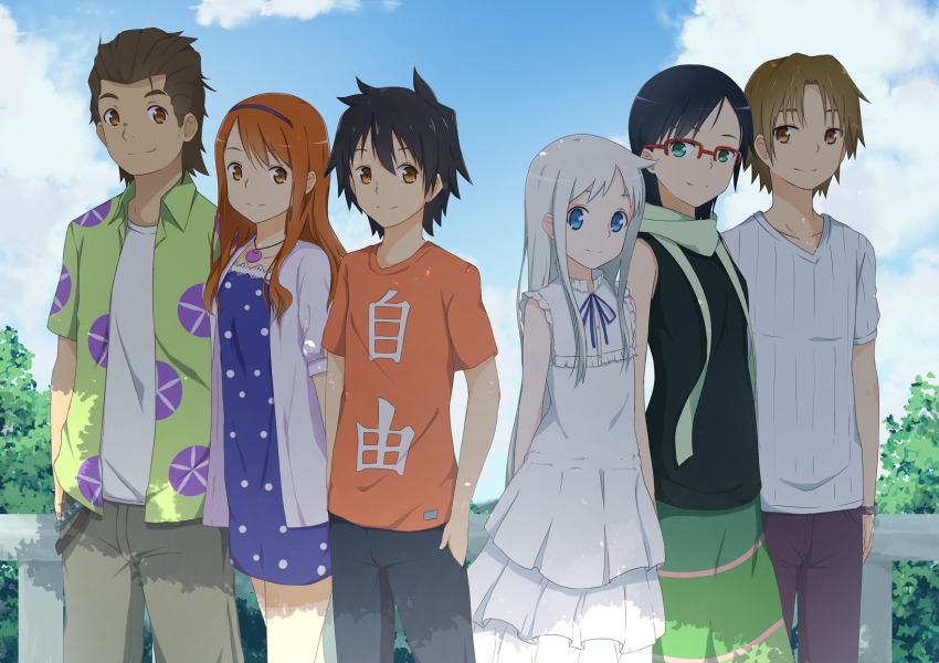 10s, 3boys, 3girls, 53c_(ray_cordova), alternate_hairstyle, anjou_naruko, ano_hi_mita_hana_no_namae_wo_bokutachi_wa_mada_shiranai., aqua_eyes, blue_eyes, brown_hair, casual, cloud, day, dress, hands_in_pockets, highres, hisakawa_tetsudou, honma_meiko, long_hair, looking_at_viewer, matsuyuki_atsumu, multiple_boys, multiple_girls, polka_dot, ray-en, rei-en, short_hair, silver_hair, sky, tsurumi_chiriko, yadomi_jinta