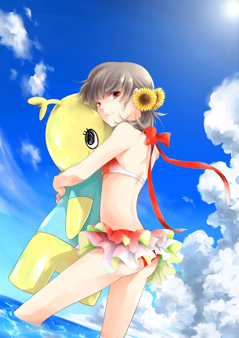 1girl, ass, cloud, day, female_focus, flower, funasshii, girlfriend_(kari)