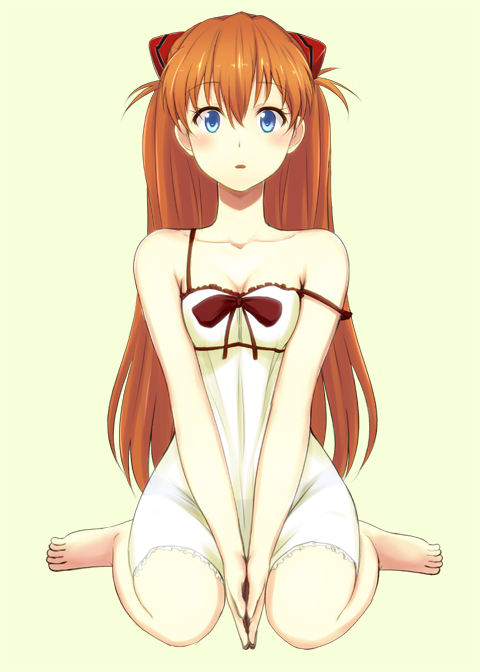 1girl, bare_shoulders, barefoot, black_panties, blue_eyes, blush, breasts, cleavage, collarbone, full_body, hair_ornament, light_brown_hair, long_hair, looking_at_viewer, makoto_(bk69and7), neon_genesis_evangelion, nightgown, no_bra, off_shoulder, open_mouth, panties, rebuild_of_evangelion, see-through_clothes, sitting, sleeveless, small_breasts, souryuu_asuka_langley, strap_slip, underwear, v_arms, very_long_hair, wariza