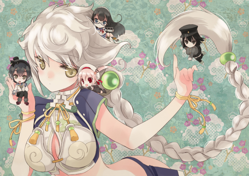 10s, 5girls, akitsu_maru_(kancolle), black_eyes, black_hair, blue_eyes, braid, cleavage_cutout