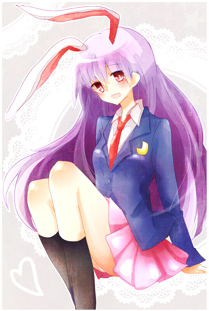 1girl, animal_ears, bad_id, bad_pixiv_id, black_socks, blazer, blush, crescent