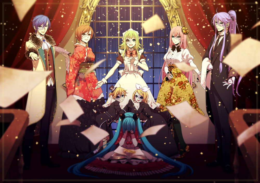 3boys, 5girls, bad_end_night_(vocaloid), blue_eyes, blue_hair, brown_hair, butler, dress
