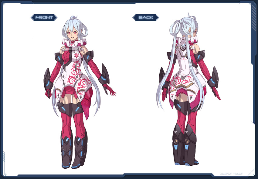 1girl, :d, akikazu_mizuno, armor, bare_shoulders, boots, reference_sheet, concept_art