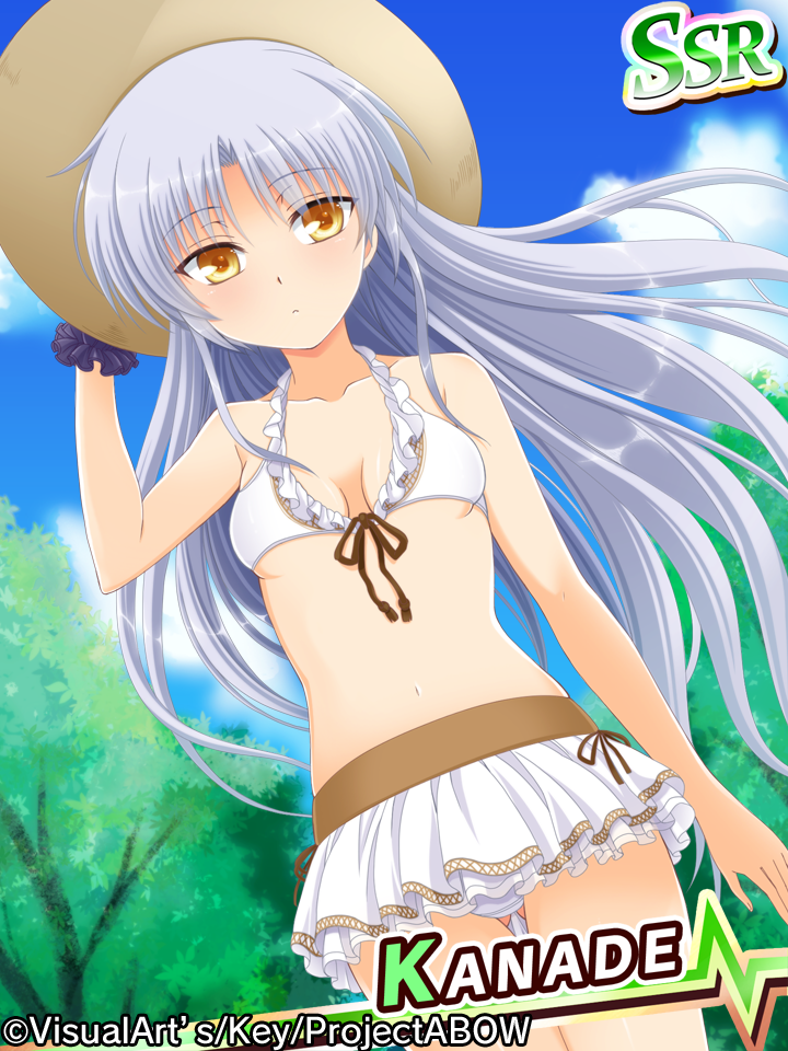 10s, 1girl, angel_beats!, bikini, bikini_skirt, breasts, brown_eyes, card_(medium)