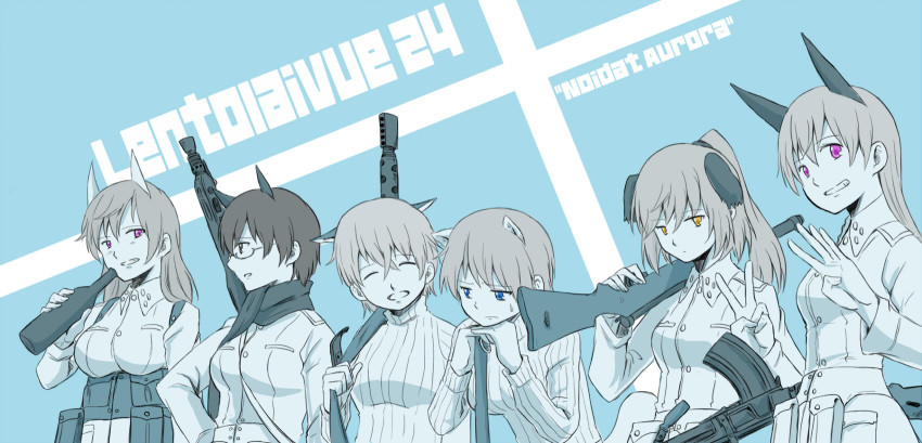 10s, 6+girls, animal_ears, anti-materiel_rifle, aurora_e._juutilainen, black_eyes, black_hair, blue_eyes