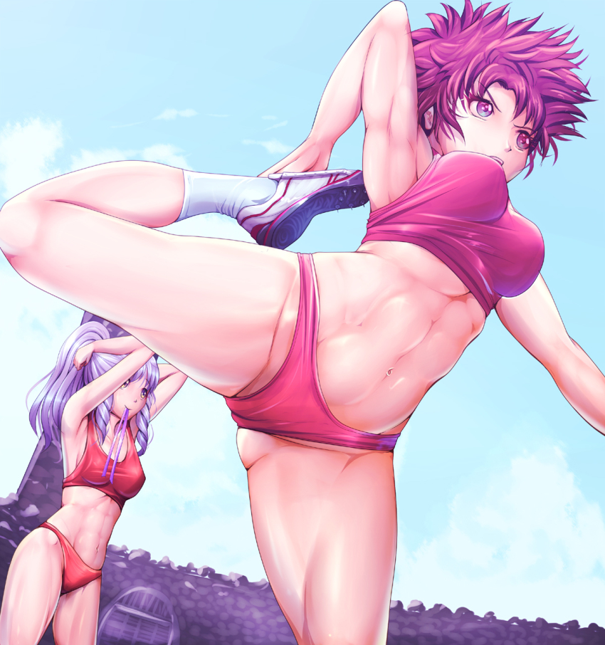 2girls, abs, armpits, breasts, buruma, cloud, day, fire_emblem, fire_emblem_awakening, flexible, harihisa, highres, leg_lift, long_hair, medium_breasts, multiple_girls, muscular, navel, nintendo, olivia_(fire_emblem), ponytail, purple_hair, red_hair, short_hair, sky, socks, sports_bra, stretching, sully_(fire_emblem), sumia_(fire_emblem), thighs, toned, toned_female, white_legwear