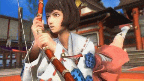 1girl, animated, animated_gif, bow_(weapon), brown_eyes, brown_hair, female_focus, hakama, hakama_short_skirt, hakama_skirt, japanese_clothes, kneehighs, lowres, miko, ribbon-trimmed_sleeves, ribbon_trim, sandals, sengoku_basara, sengoku_basara_4, short_hair, skirt, socks, solo, standing, standing_on_one_leg, tsuruhime_(sengoku_basara), weapon