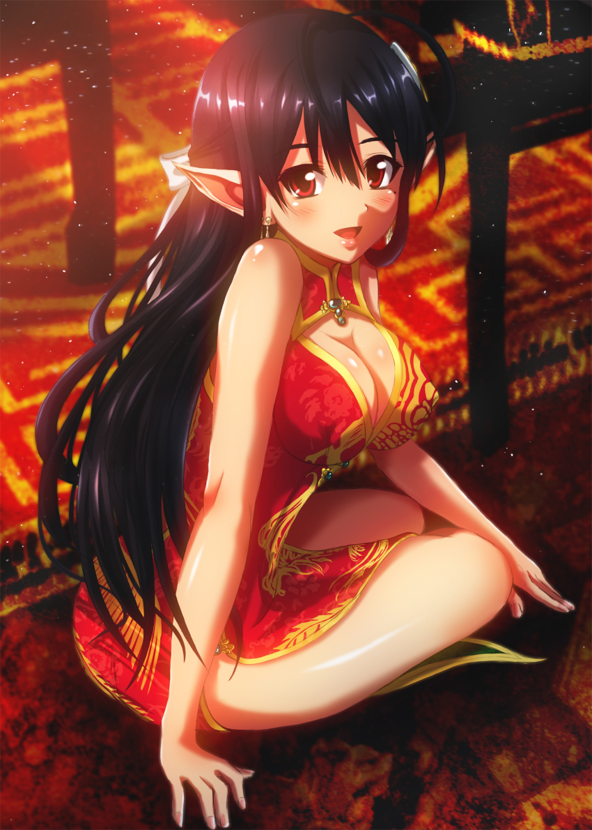 1girl, bad_id, bad_pixiv_id, black_hair, breasts, china_dress, chinese_clothes, cleavage, cleavage_cutout, clothing_cutout, covered_erect_nipples, dress, earrings, harukaze_bou, highres, jewelry, katori_(pso2), large_breasts, long_hair, mole, mole_under_eye, open_mouth, phantasy_star, phantasy_star_online_2, red_eyes, sitting