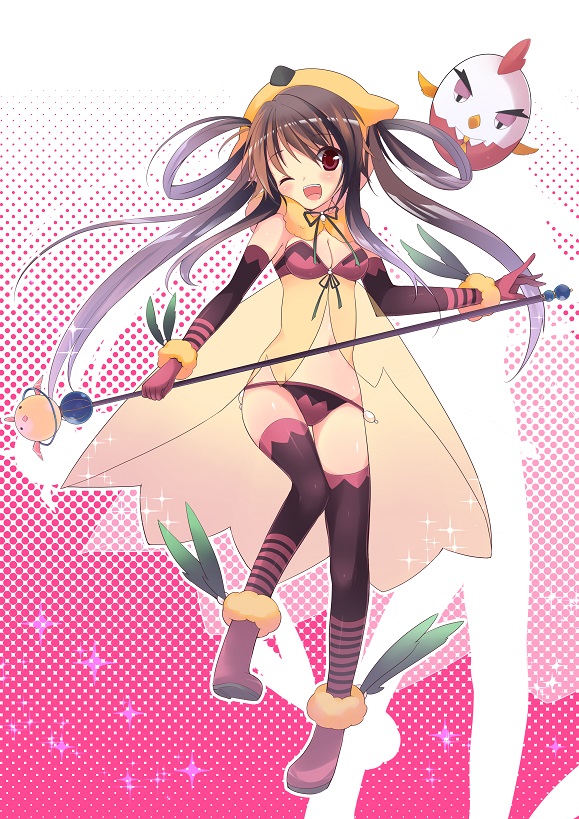 10s, 1girl, ;d, breasts, brown_eyes, brown_hair, cleavage, detached_collar, hat, holding, inui_achu, looking_at_viewer, magical_girl, mahou_shoujo_taisen, mahou_shoujo_taisen_contest_2, navel, one_eye_closed, open_mouth, original, small_breasts, smile, staff