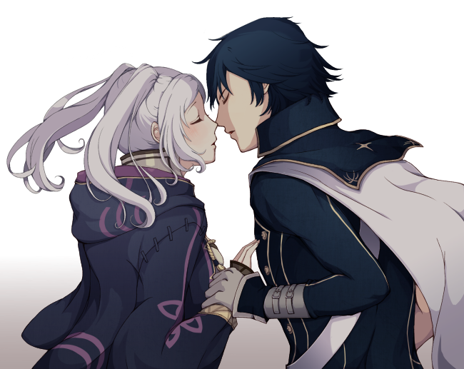 1boy, 1girl, blue_hair, blush, cape, chrom_(fire_emblem), closed_eyes, couple