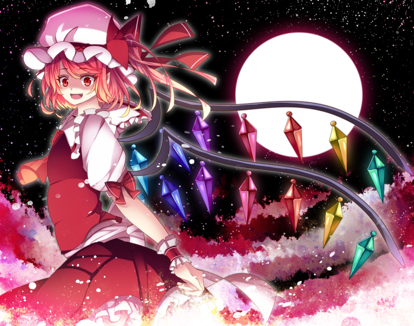 1girl, aru16, ascot, blonde_hair, bow, female_focus, flandre_scarlet, full_moon